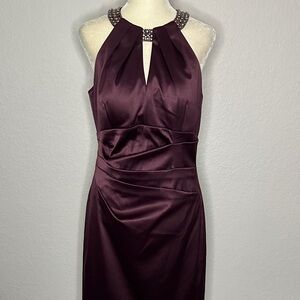 Eliza J Deep Burgundy Embellished Halter Dress with Ruching 8